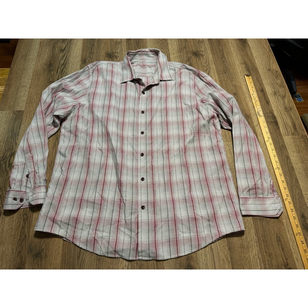 Tasso Elba Shirt Men's XXL Red White Grey Plaid Long Sleeve Button Up 18-18.5